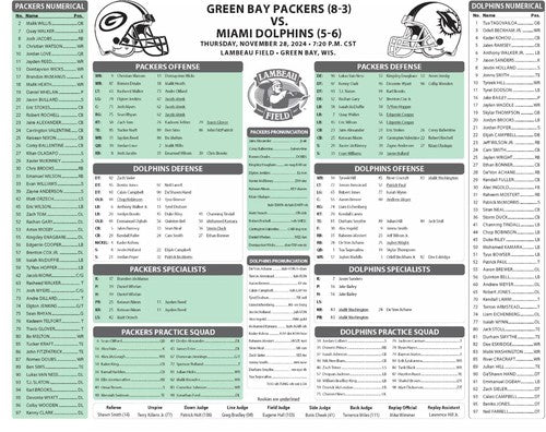 Green Bay Packers vs Miami Dolphins THANKSGIVING Game Flipcard 11/28/24 Program