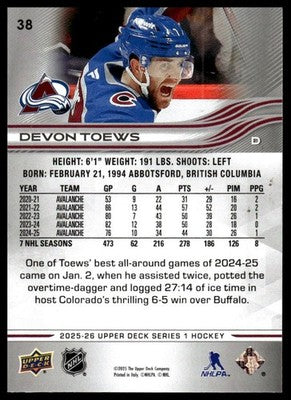 2025-26 Upper Deck #38 Devon Toews