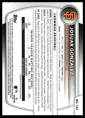 2025 Bowman Draft #BD-182 Josuar Gonzalez