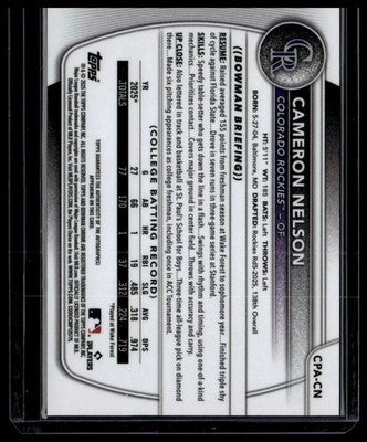 2025 Bowman Draft #CPA-CN Cameron Nelson Chrome Prospect Autographs