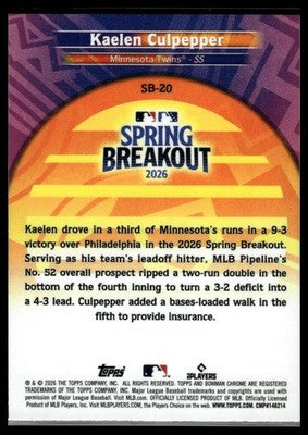 2026 Bowman Chrome #SB-20 Kaelen Culpepper Spring Breakout Mojo