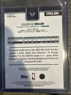 2025 Topps Basketball Brandon Miller Card Auto Charlotte Hornets TFRA-BM