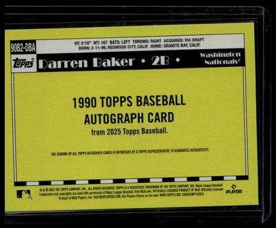 2025 Topps Update #90B2-DBA Darren Baker 1990 Topps Baseball 35th Auto