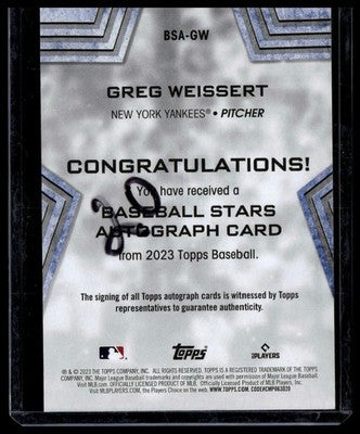2023 Topps #BSA-GW Greg Weissert Baseball Stars Autographs