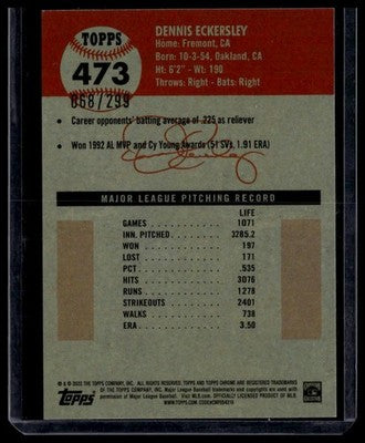 2022 Topps Chrome #473 Dennis Eckersley Aqua Wave Refractor #/299