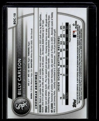 2025 Bowman Draft #BDC-10 Billy Carlson Chrome