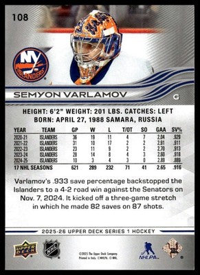 2025-26 Upper Deck #108 Semyon Varlamov