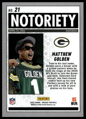 2025 Panini Mosaic #21 Matthew Golden Notoriety Mosaic Green