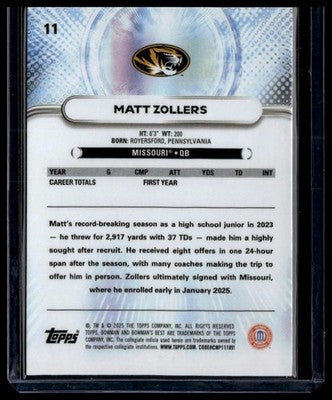 2025 Bowman University Best #11 Matt Zollers Green Mini-Diamond #/99