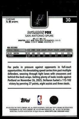 2025-26 Topps Chrome Update #30 De’Aaron Fox X-Fractor