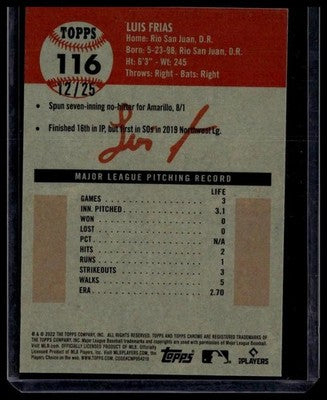 2022 Topps Chrome #116 Luis Frias Toile Cream/Fuchsia Atomic Refractor #/25