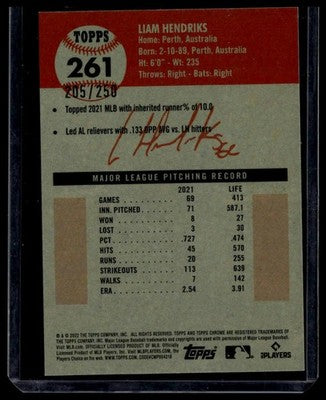 2022 Topps Chrome #261 Liam Hendriks Yellow Atomic Refractor #/250