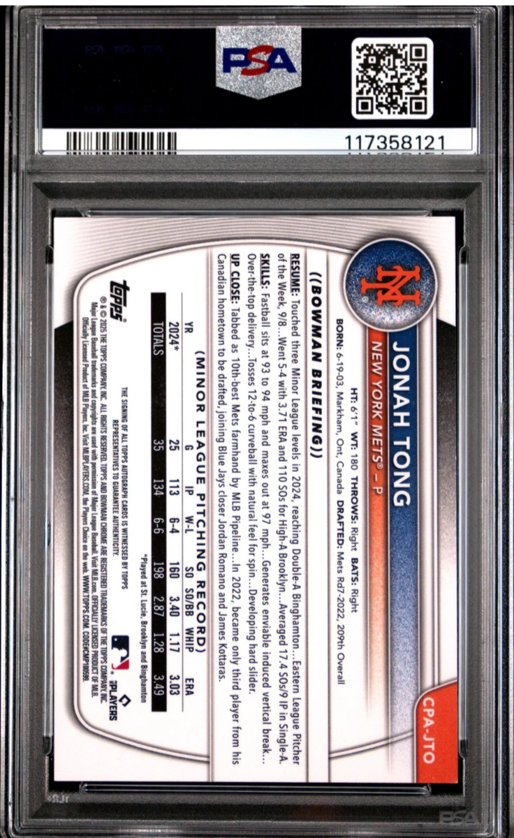2025 Bowman Chrome1st Auto Jonah Tong #CPAJTO /99 PSA 9 Green Lava Mets