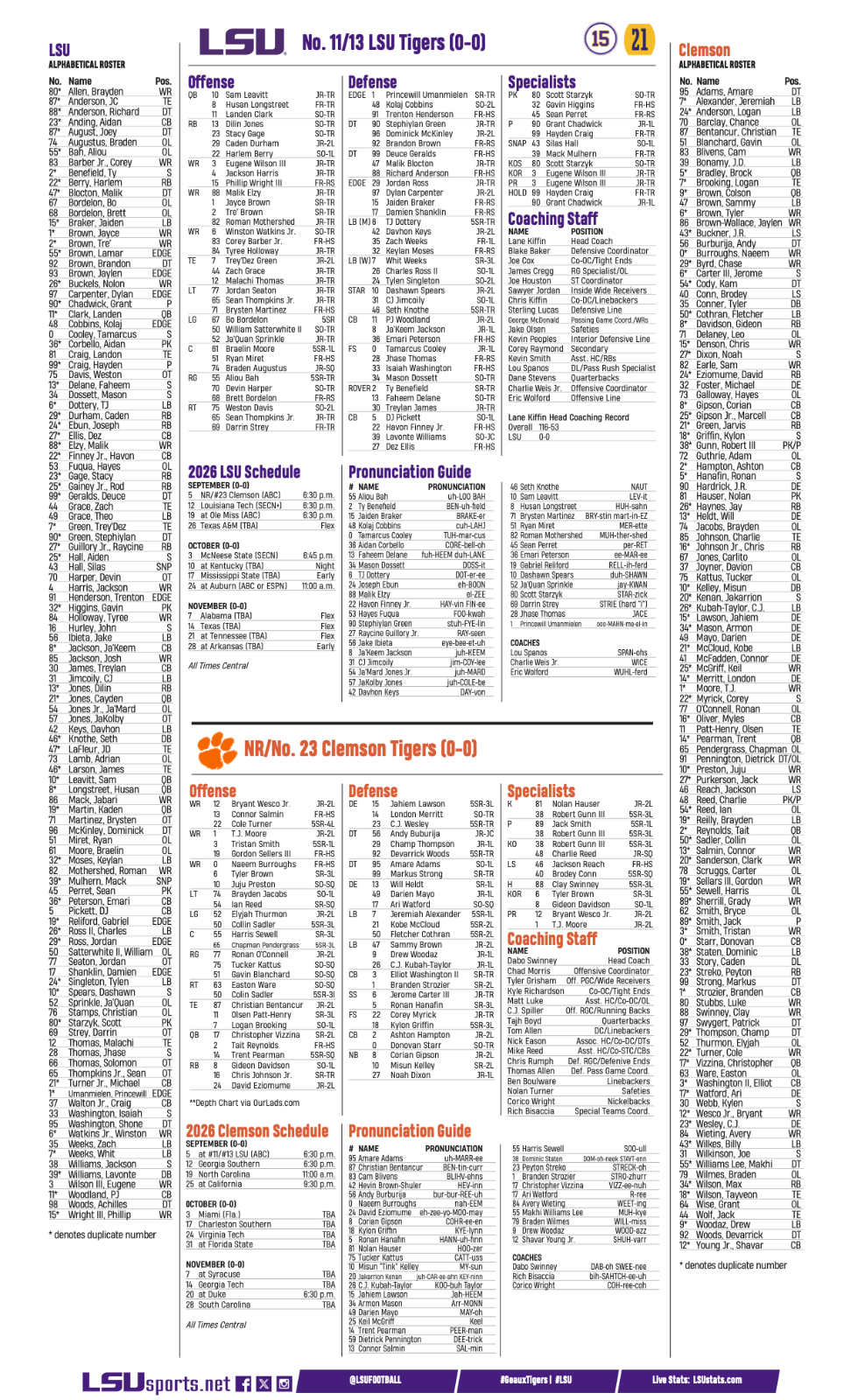 2026 LSU Tigers vs Clemson Tigers 9/5/26 Flip Card Program