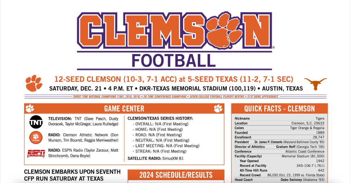 2024 Clemson Tigers CFP College Football Playoff Media Guide/ Game Notes Texas