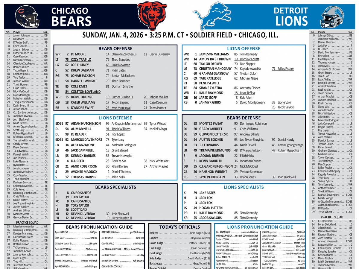 2026 NFL Chicago Bears vs Detroit Lions 1/4/26 Flip Card Program
