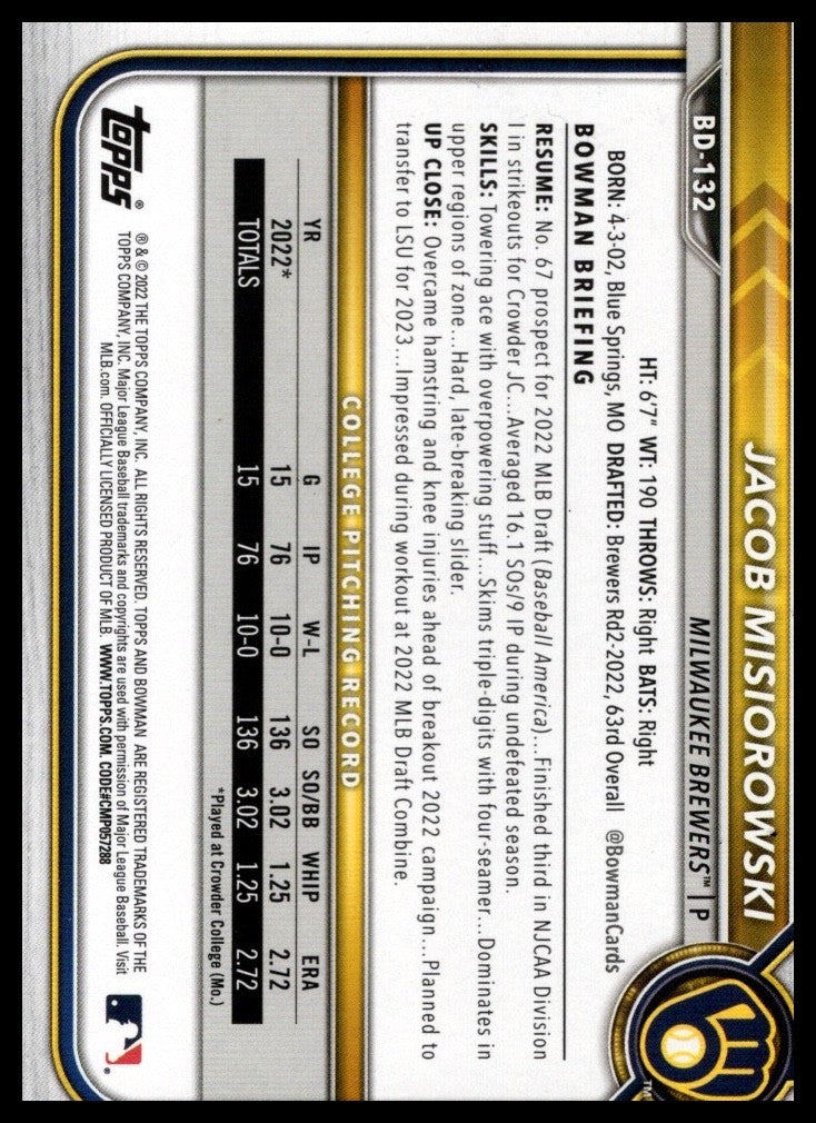 2022 Bowman Draft - Jacob Misiorowski #BD-132 (RC)