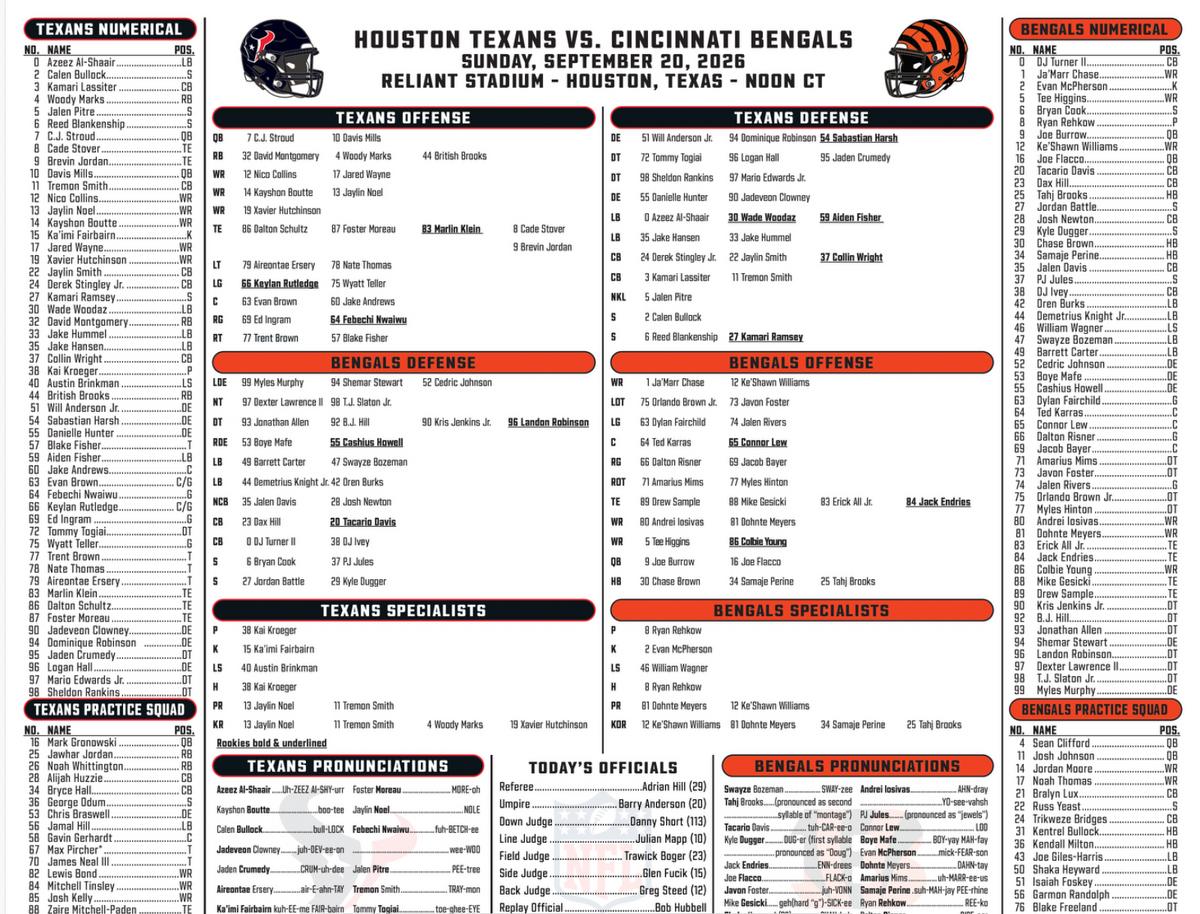 2026 NFL Cincinnati Bengals vs Houston Texans 9/20/26 Flip Card Program