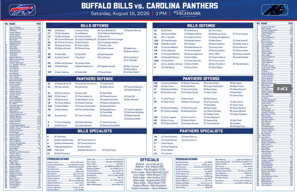 2026 Buffalo Bills vs Carolina Panthers 8/15/26 Flip Card Program Highmark 1st g
