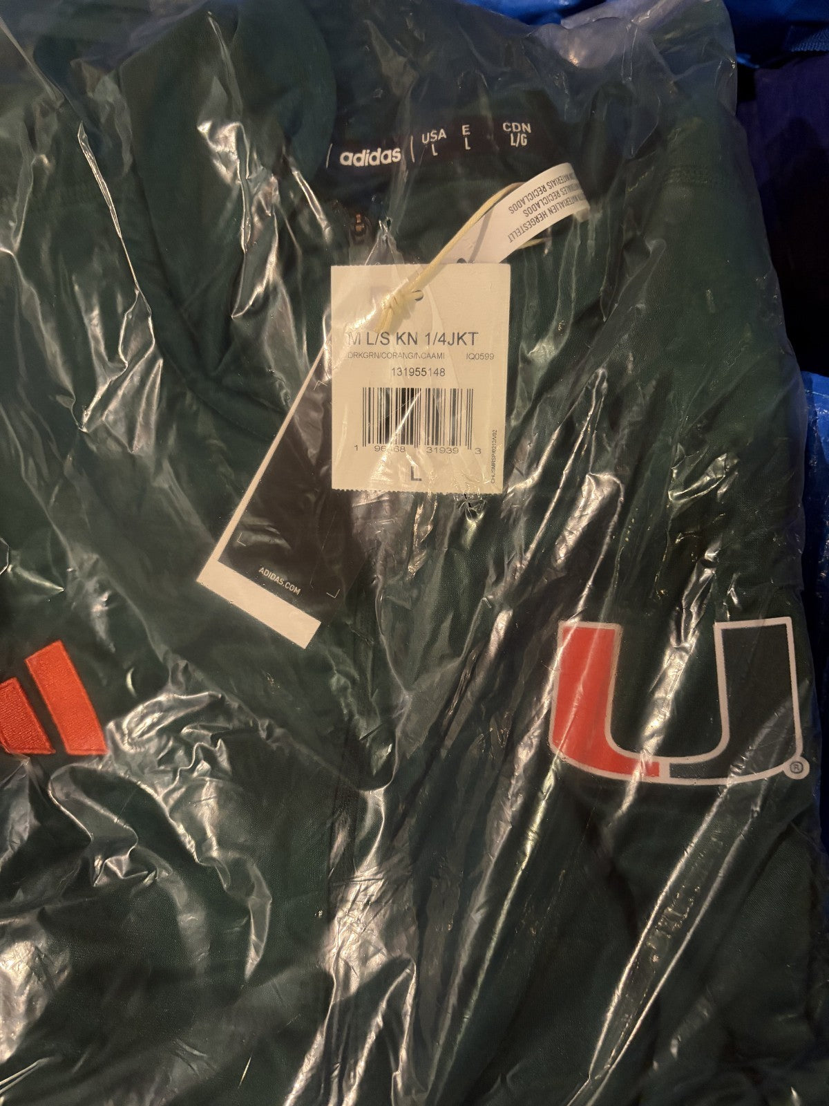 Adidas University of Miami Hurricanes 1/4 Zip Pullover Large