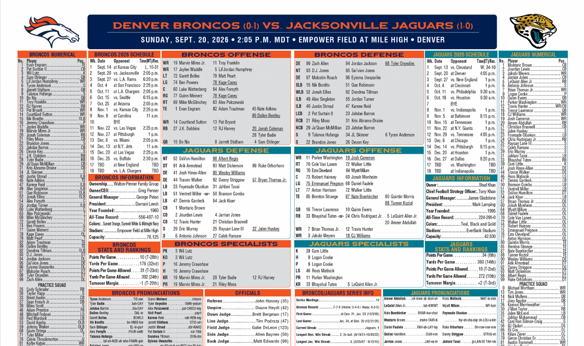 2026 NFL Denver Broncos vs Jacksonville Jaguars 9/20/26 Flip Card Program