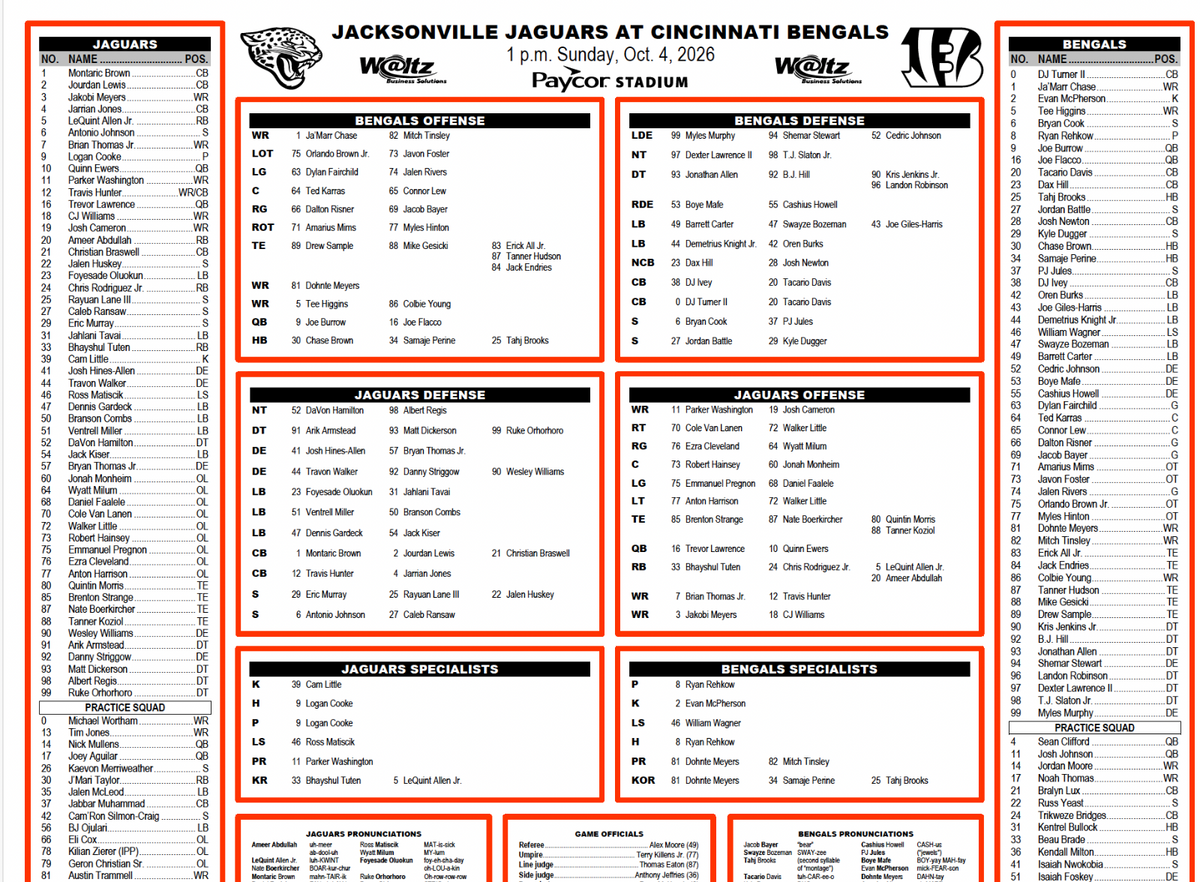 2026 NFL Jacksonville Jaguars vs Cincinnati Bengals 10/4/26 Flip Card Program