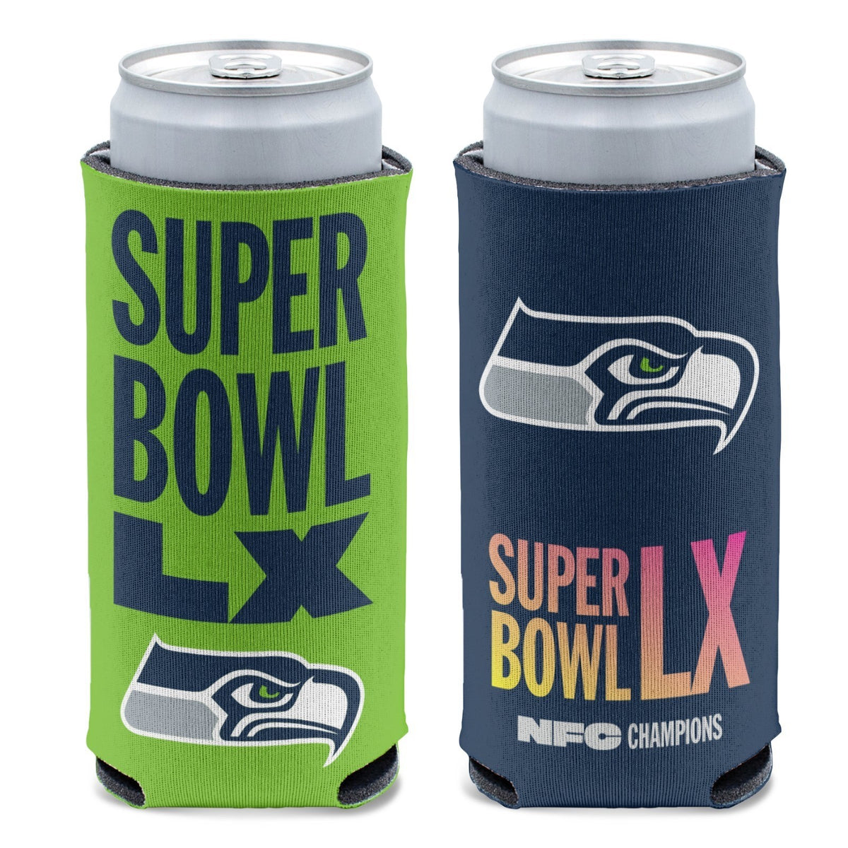 2025 NFL NFC CHAMPIONS SEATTLE SEAHAWKS SLIM CAN COOLER SUPER BOWL 60 LX 2026