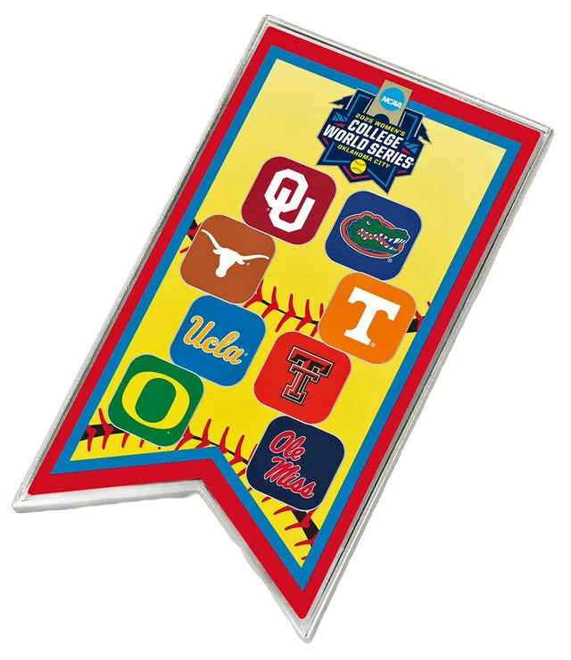 2025 NCAA Womens College World Series Softball Banner Pin UCLA OLE MISS TEXAS TT