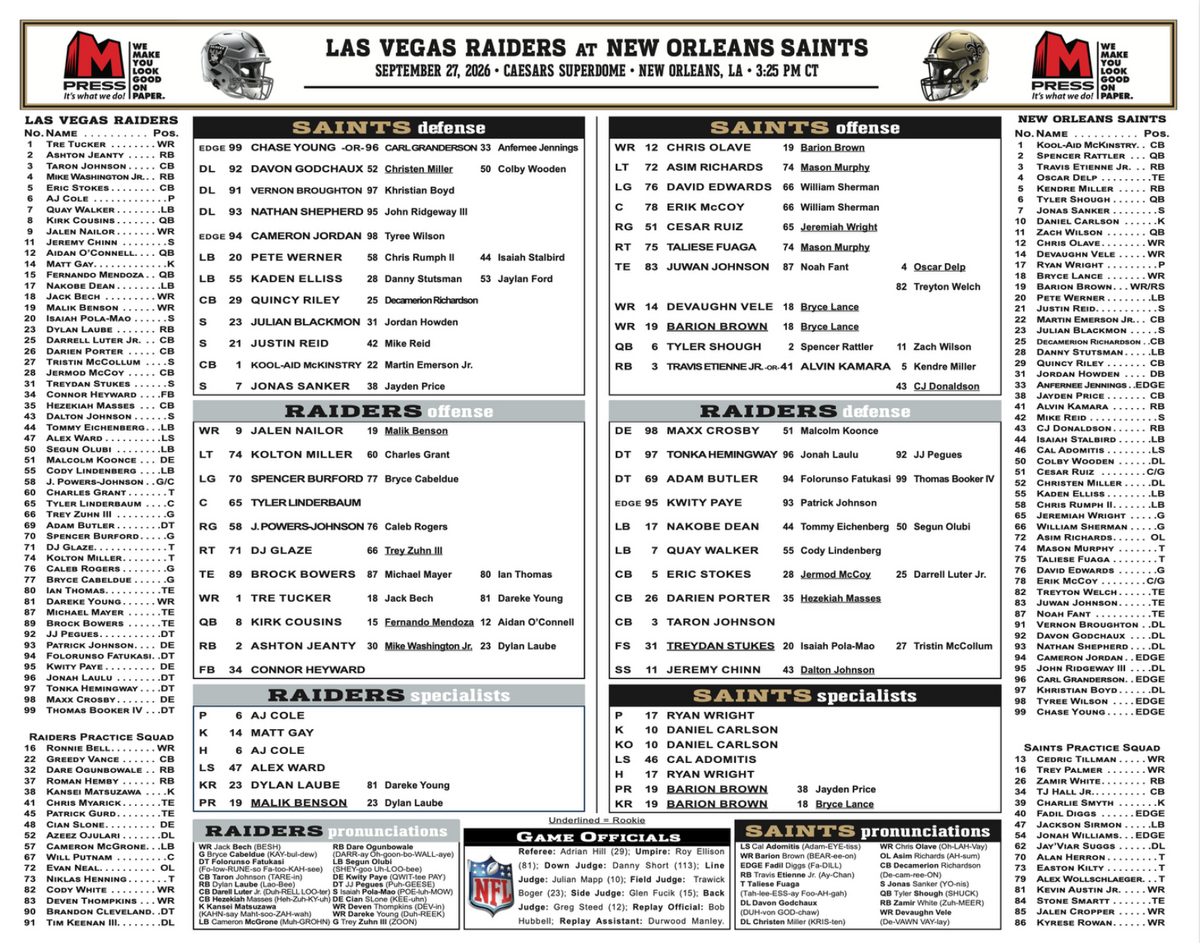 2026 NFL Las Vegas Raiders vs New Orleans Saints 9/27/26 Flip Card Program