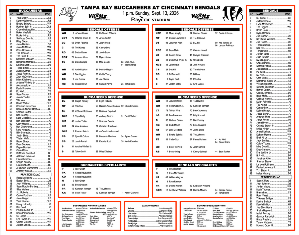 Tampa Bay Buccaneers vs Cincinnati Bengals 9/13/26 Flip Card Program