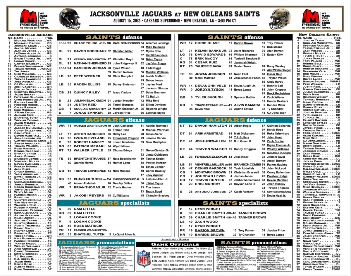 2026 New Orleans Saints vs Jacksonville Jaguars 8/15/26 Flip Card Program