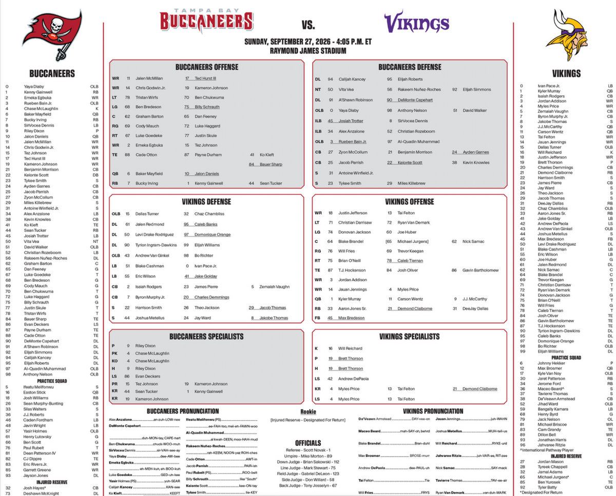 2026 NFL Minnesota Vikings vs Tampa Bay Buccaneers 9/27/26 Flip Card Program