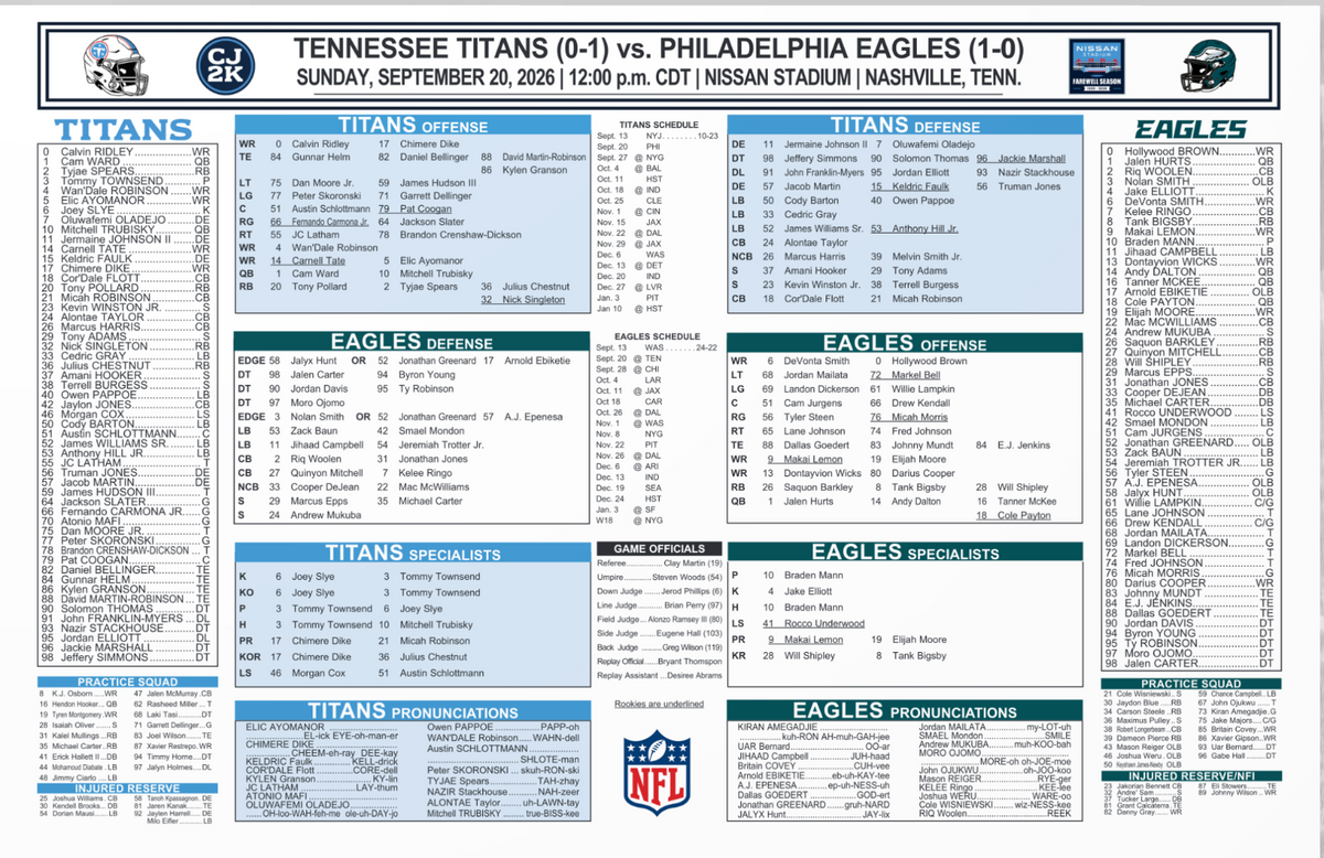 2026 NFL Tennessee Titans vs Philadelphia Eagles 9/20/26 Flip Card Program