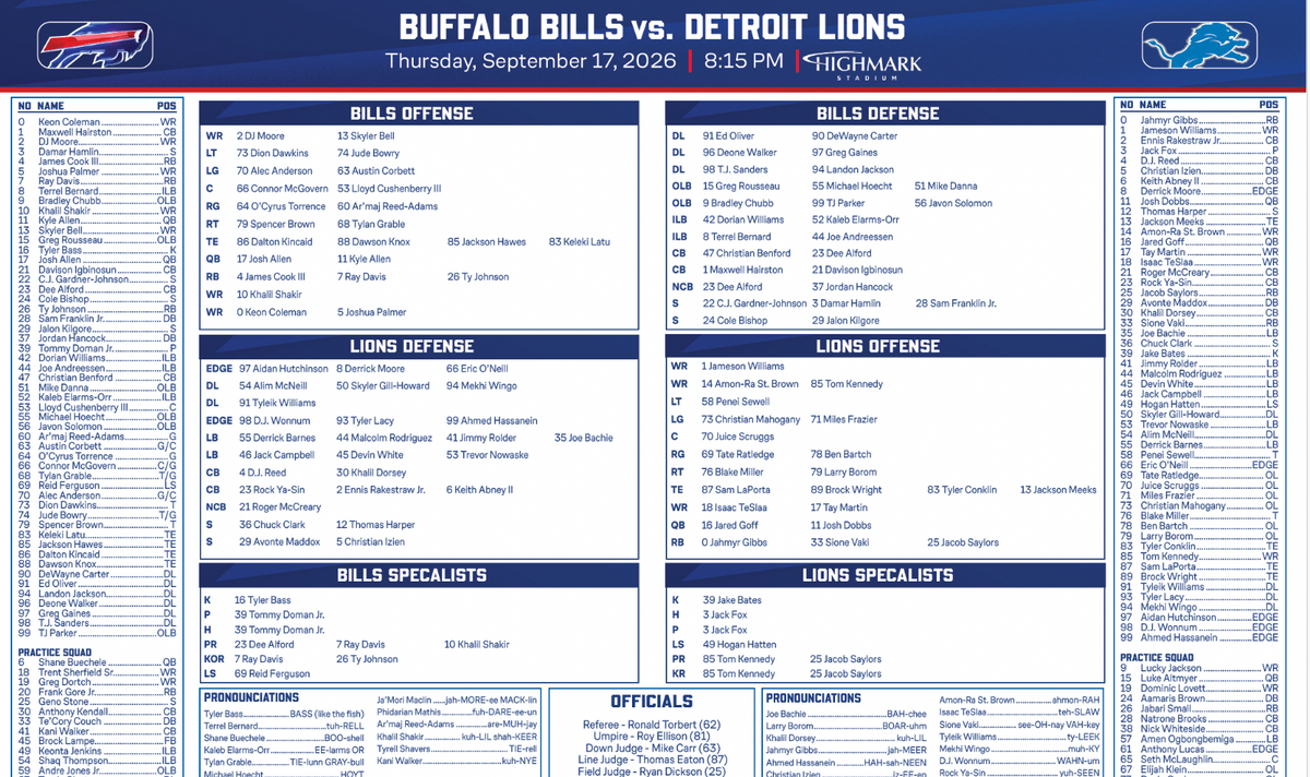 2026 NFL Buffalo Bills vs Detroit Lions 9/17/26 Flip Card Program Highmark 1st G