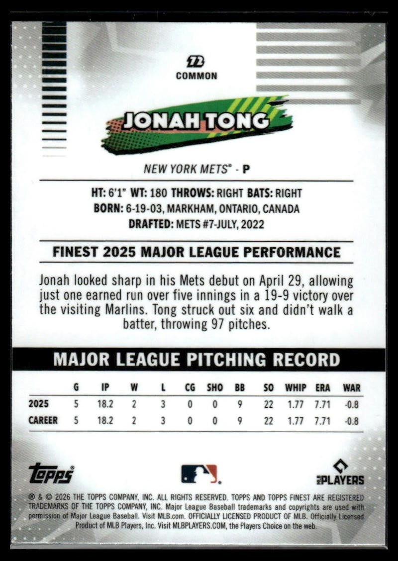 2026 Finest #72 Jonah Tong