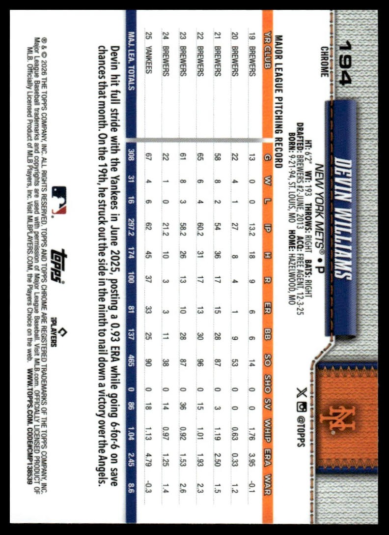 2026 Topps Chrome #194 Devin Williams
