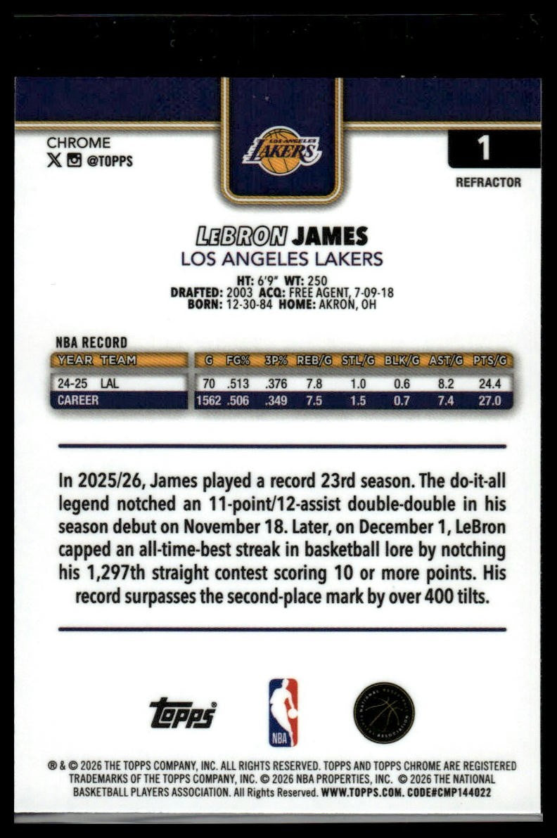 2025-26 Topps Chrome Update #1 LeBron James REFRACTOR