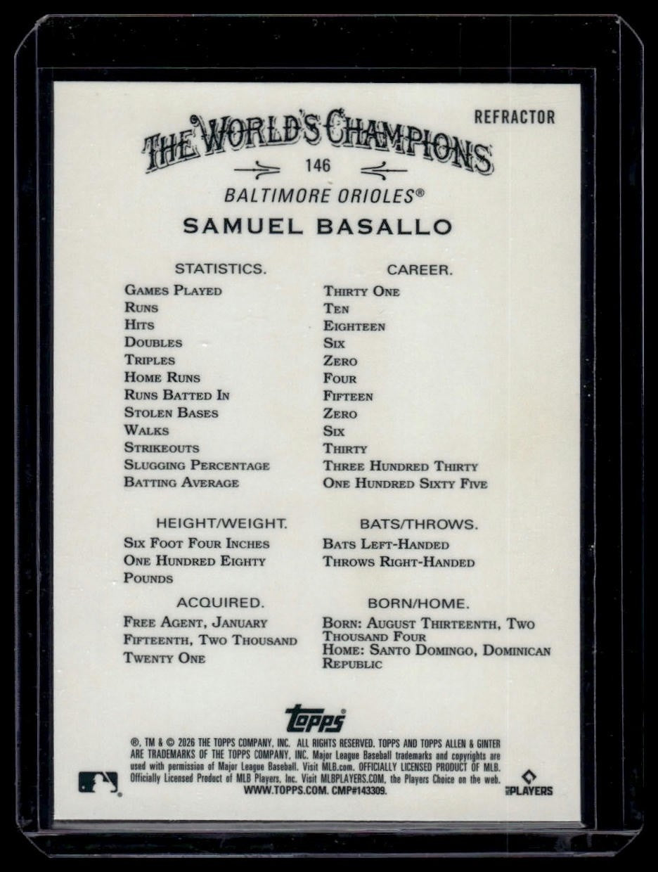 2026 Topps Allen & Ginter #146 Samuel Basallo Chrome Refractor