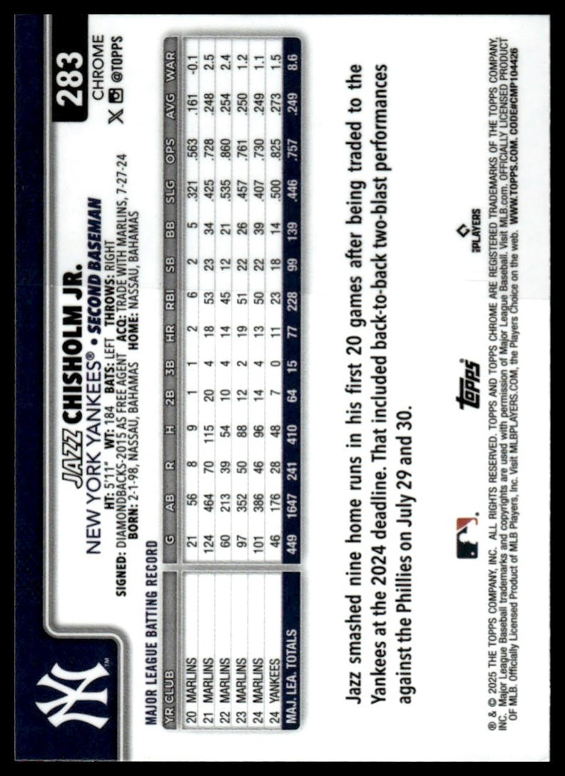 2025 Topps #185 Jazz Chisholm Jr. Rainbow Foil