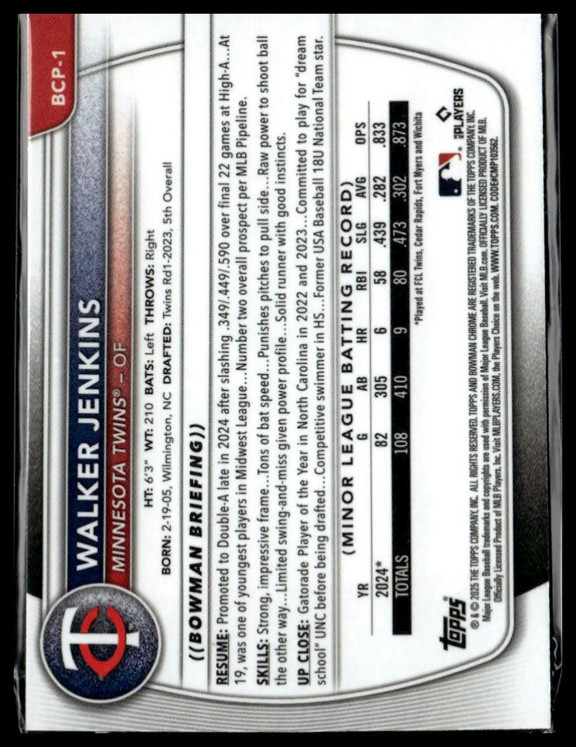 2025 Bowman #BCP-1 Walker Jenkins Chrome Prospects Mojo Refractor
