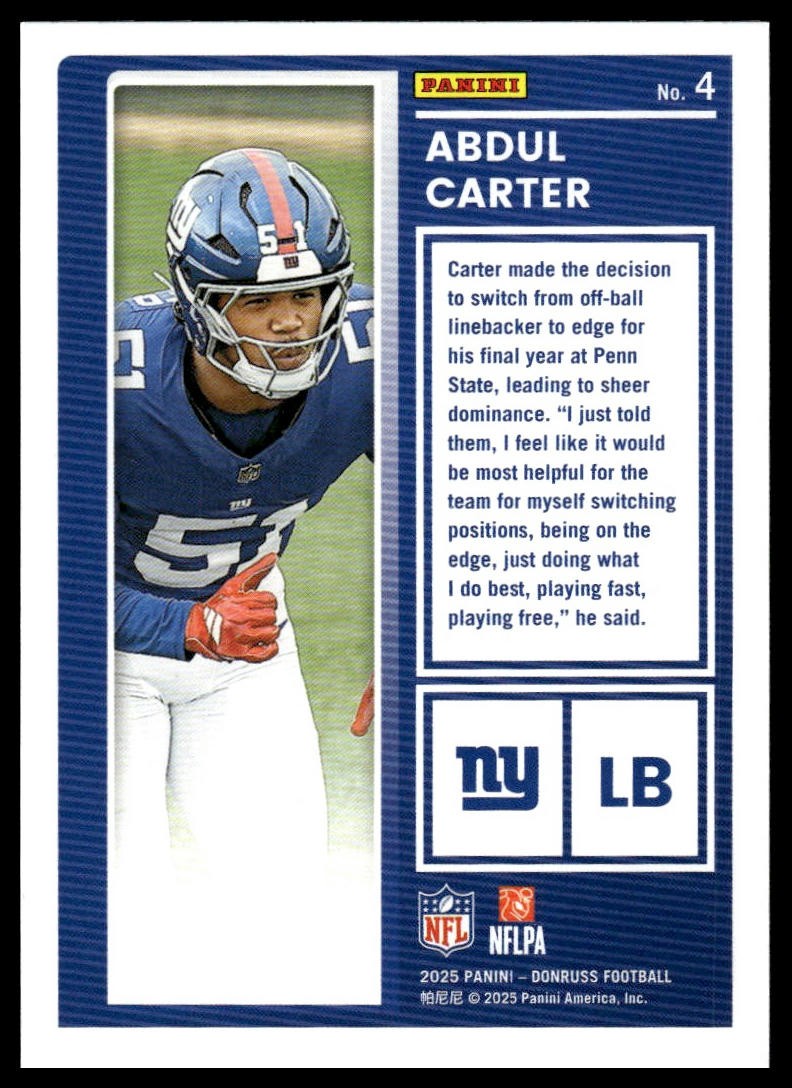 2025 Donruss #4 Abdul Carter The Rookies