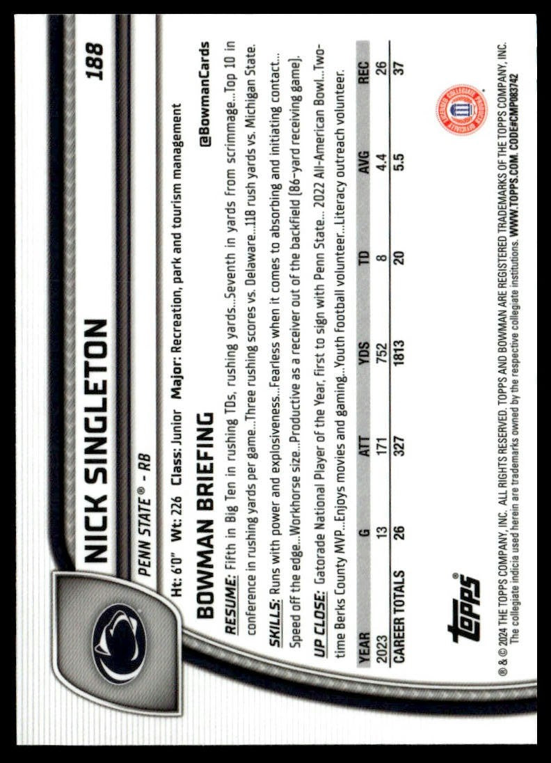 2024 Bowman University Chrome #188 Nick Singleton