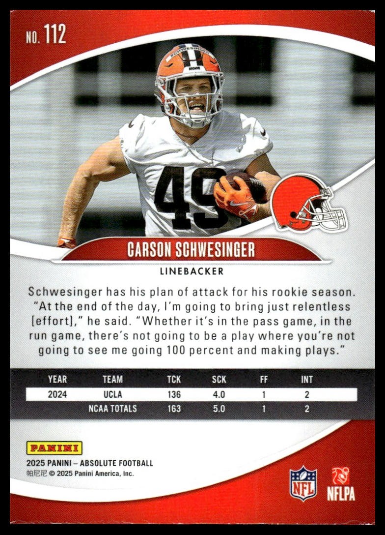 2025 Panini Absolute #112 Carson Schwesinger Orange