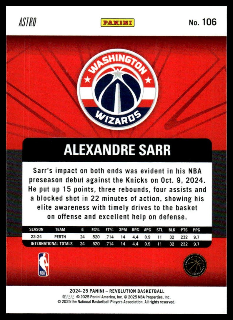 2024-25 Panini Revolution #106 Alexandre Sarr Astro