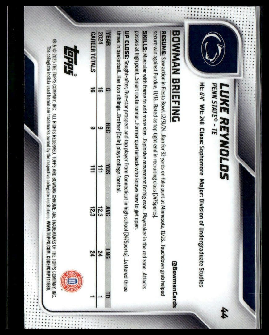2025 Bowman University Chrome #44 Luke Reynolds