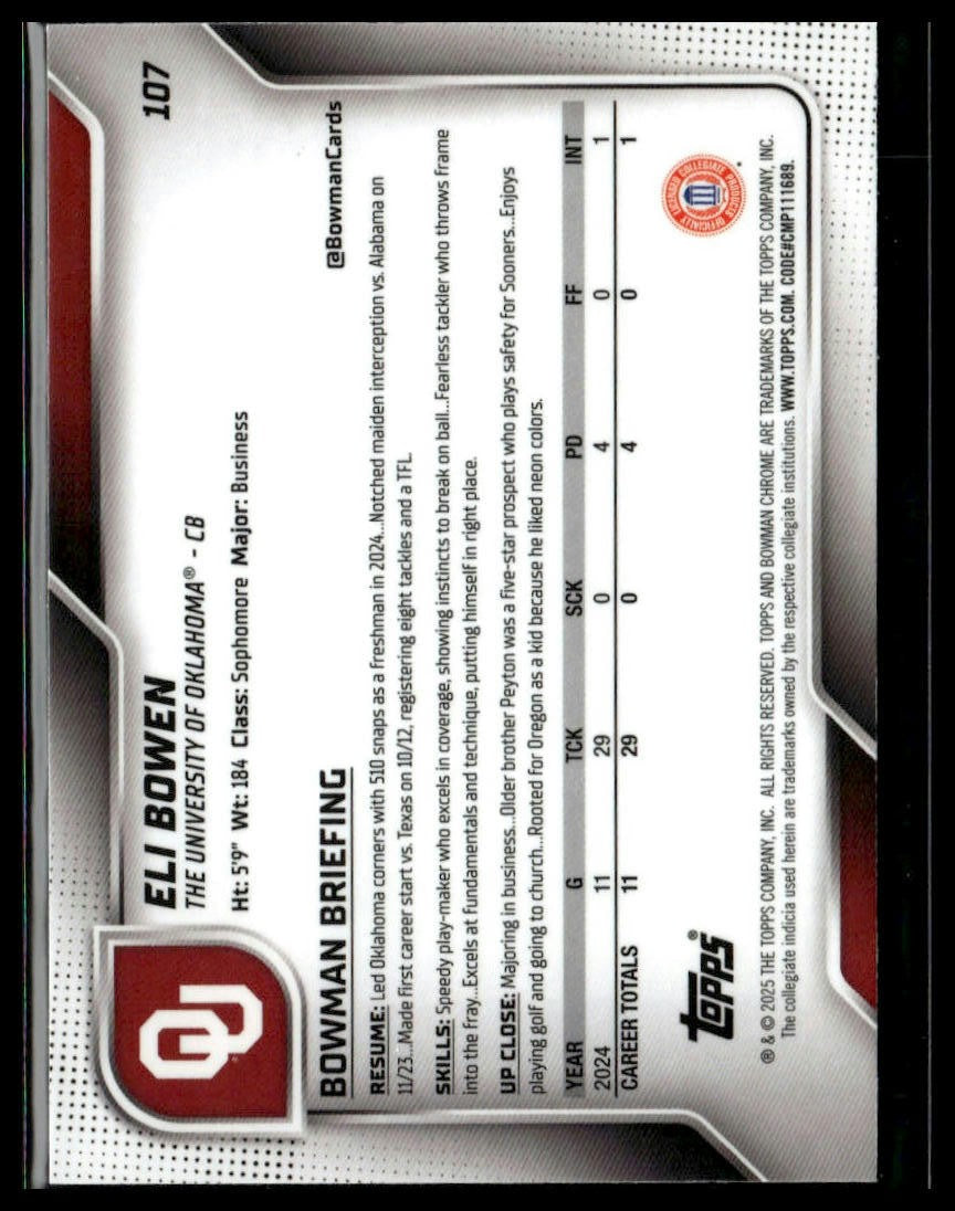 2025 Bowman University Chrome Sapphire #107 Eli Bowen