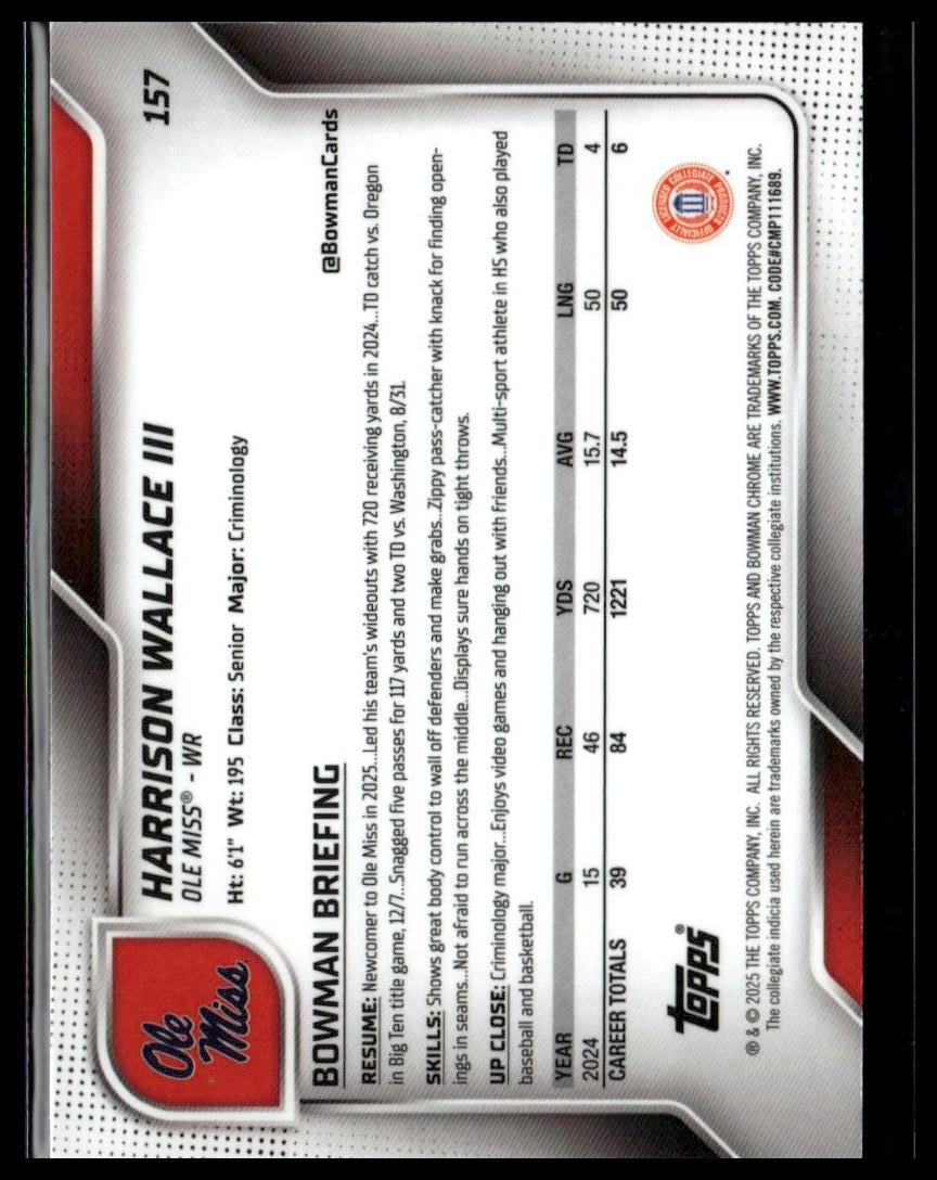 2025 Bowman University Chrome Sapphire #157 Harrison Wallace III