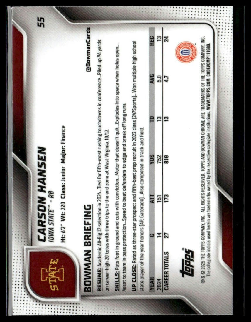 2025 Bowman University Chrome Sapphire #55 Carson Hansen