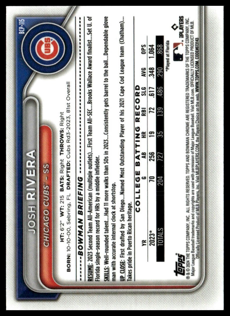 2024 Bowman #BCP-115 Josh Rivera Chrome Prospects