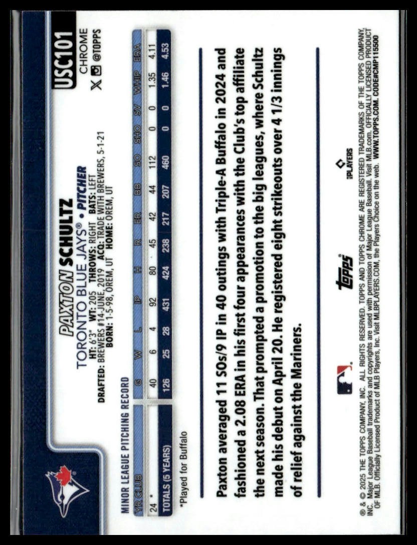 2025 Topps Chrome Update #USC101 Paxton Schultz RayWave Refractor